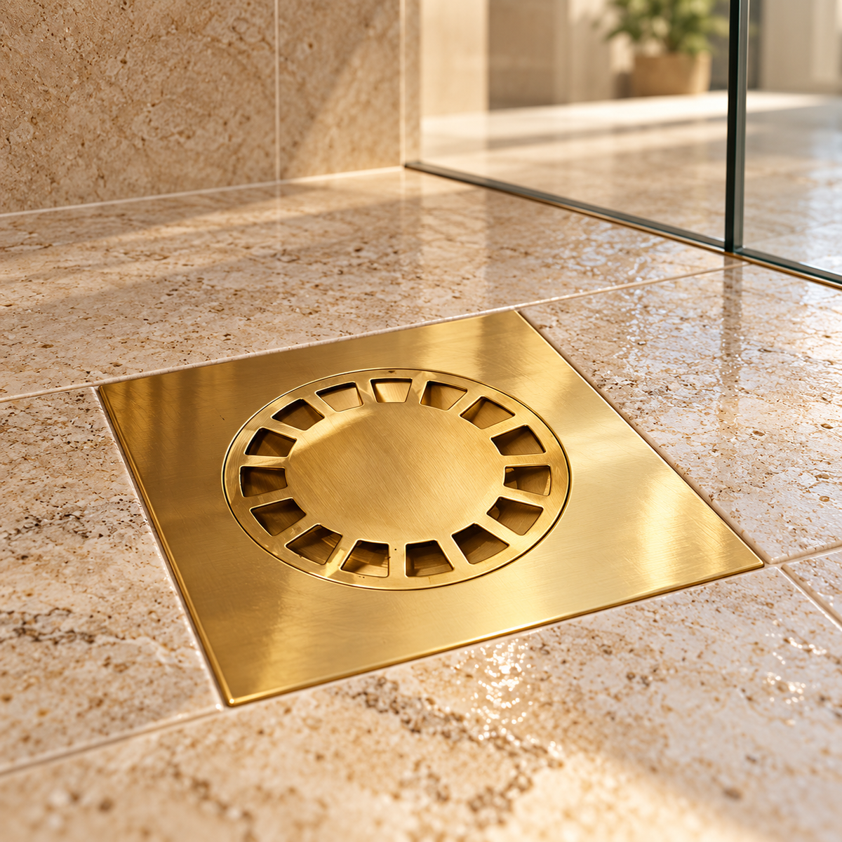 Solid brass square floor drain installed in an Australian luxury bathroom