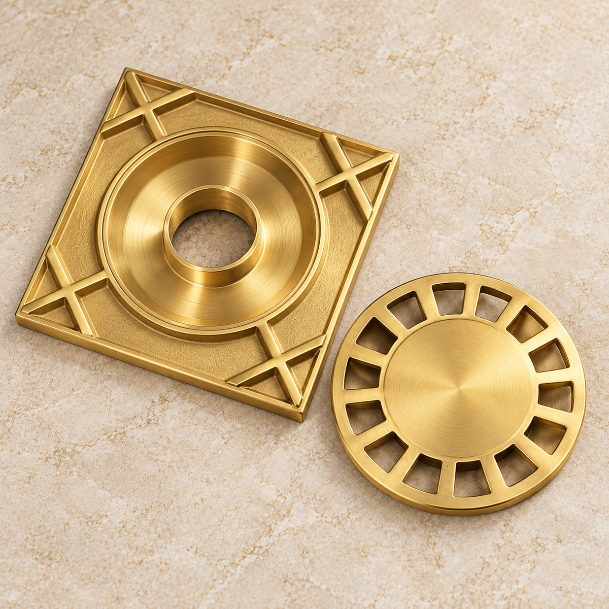 Back underside view of solid brass square floor drain and removable circular grate