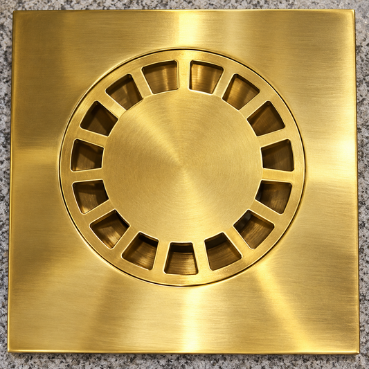 Close-up of removable circular strainer in square solid brass floor drain