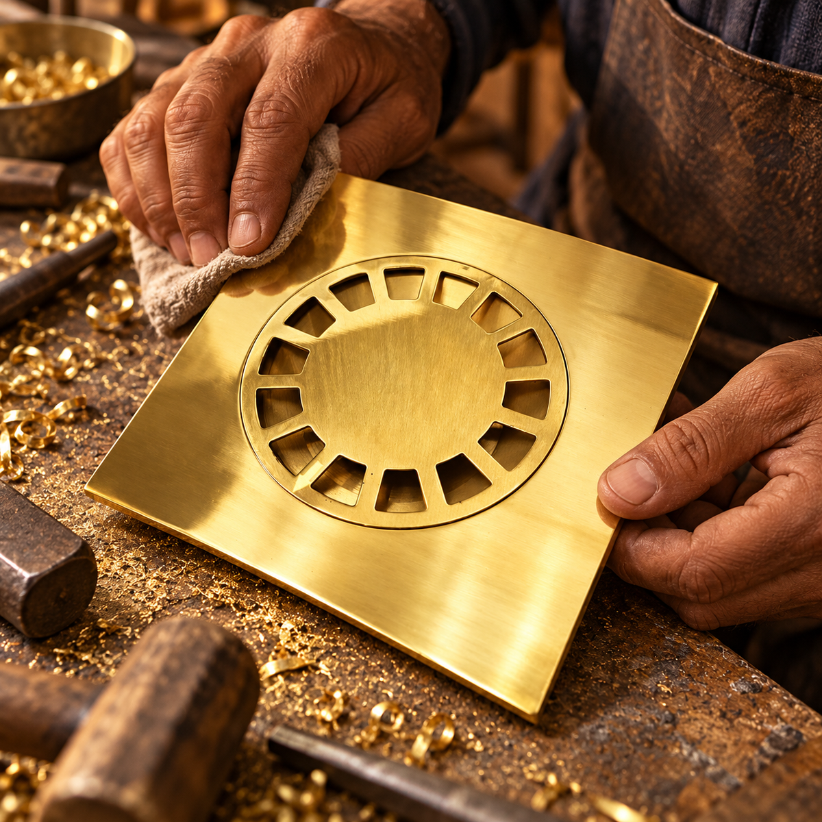 Moroccan artisan hand-finishing a solid brass square floor drain