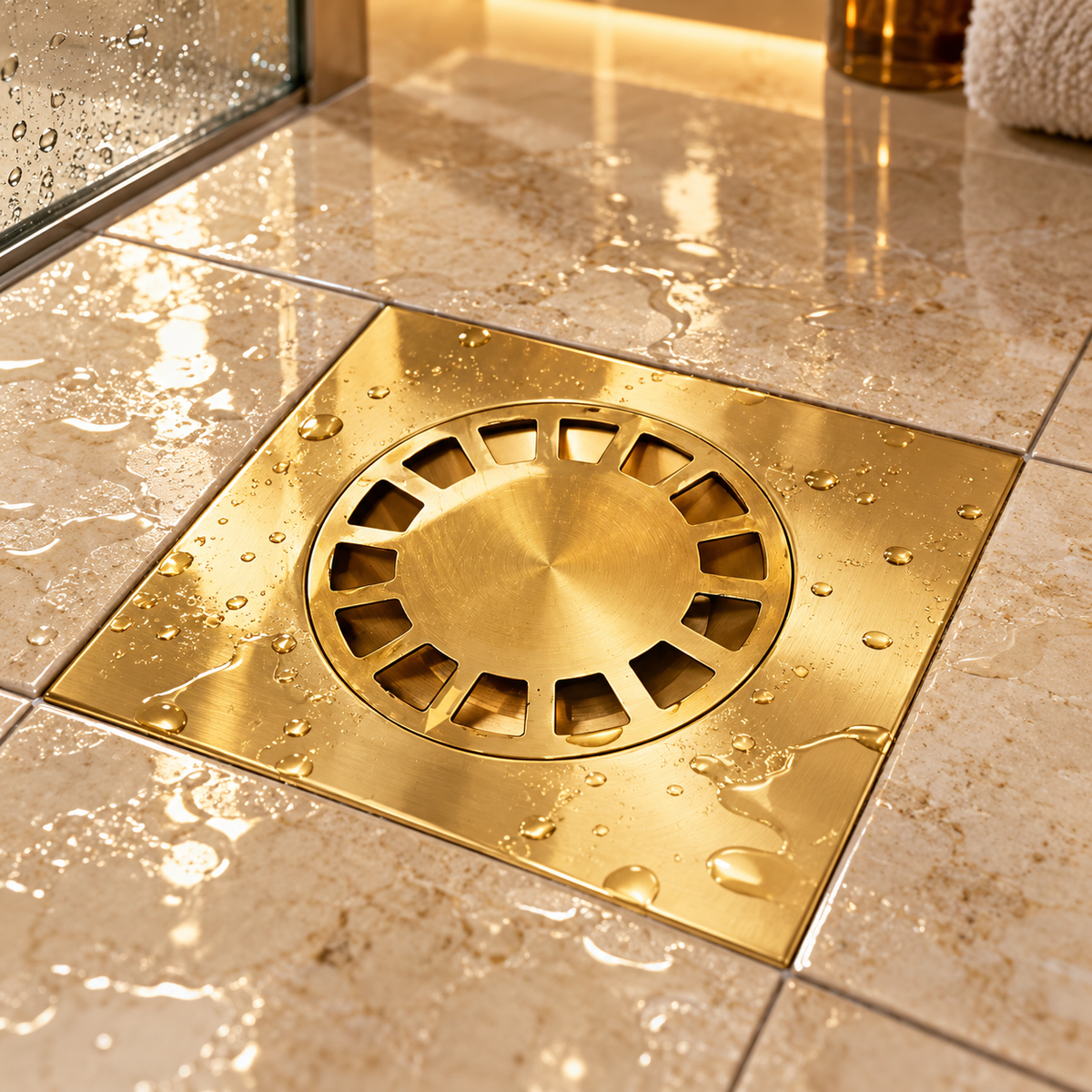 Unlacquered brass shower drain in a Melbourne luxury hotel bathroom