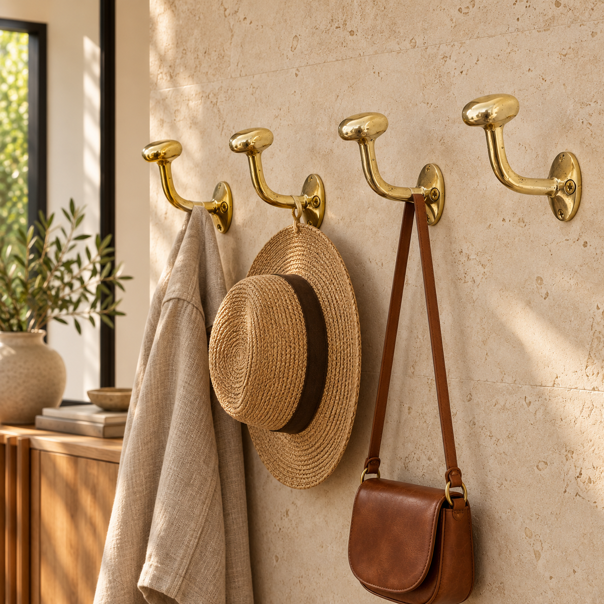 Set of four solid brass wall hooks in an Australian entryway
