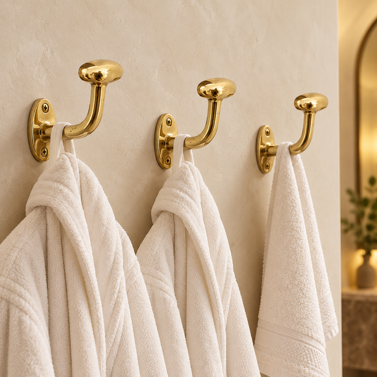 Set of three unlacquered brass robe hooks in a luxury bathroom