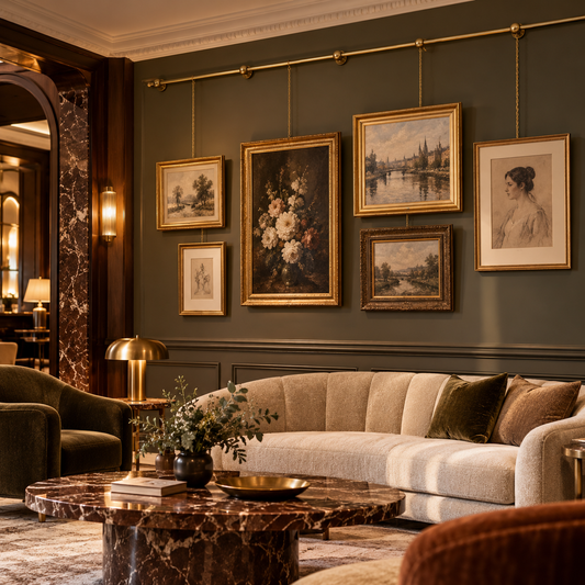 Brass picture rail gallery system in a luxury Melbourne hotel lounge