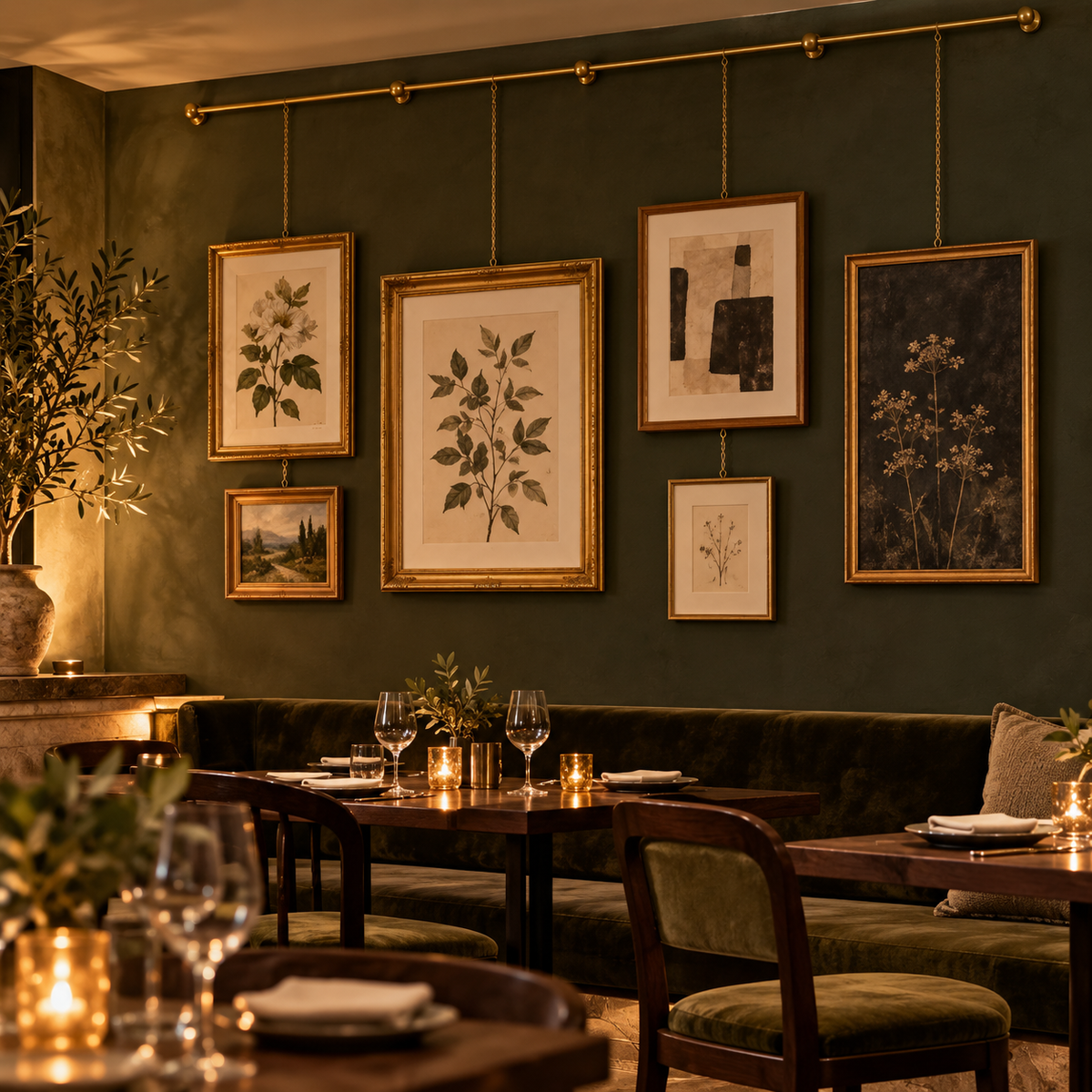 Brass picture rail system displaying framed artwork in an upscale restaurant