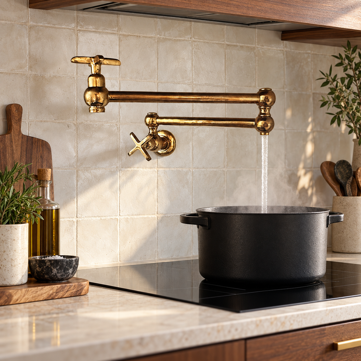 Unlacquered brass pot filler installed above a cooktop in an Australian luxury kitchen