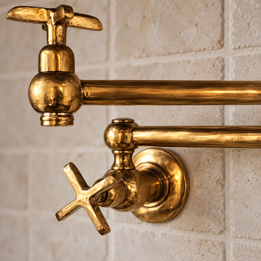 Close-up of handcrafted solid brass pot filler joints and cross handle