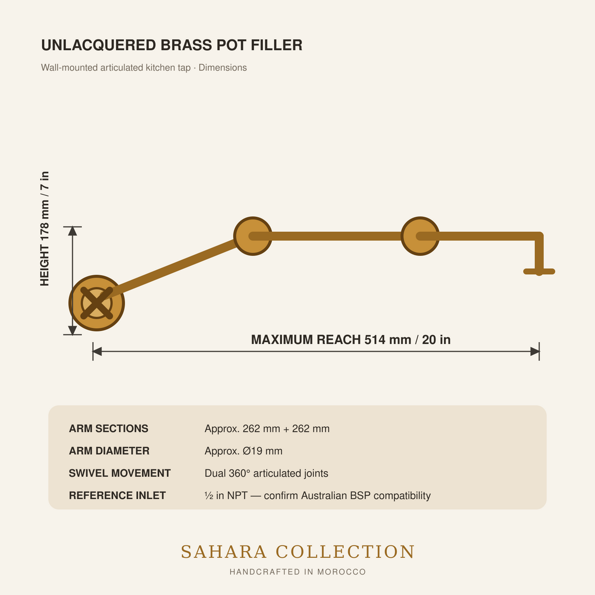 Unlacquered brass pot filler dimensions with 514 mm maximum reach