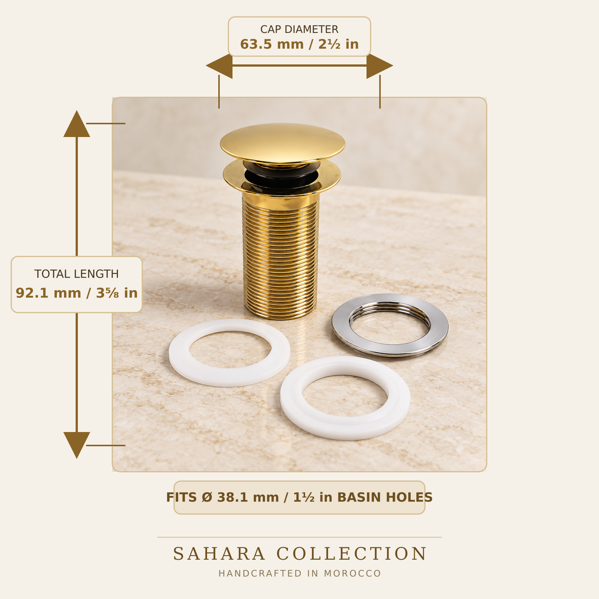 Dimensions of brass push-up basin drain: 63.5 mm cap, 92.1 mm length, fits 38.1 mm basin hole