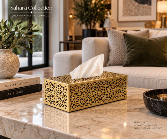 Handcrafted Moroccan brass tissue box in an Australian luxury home