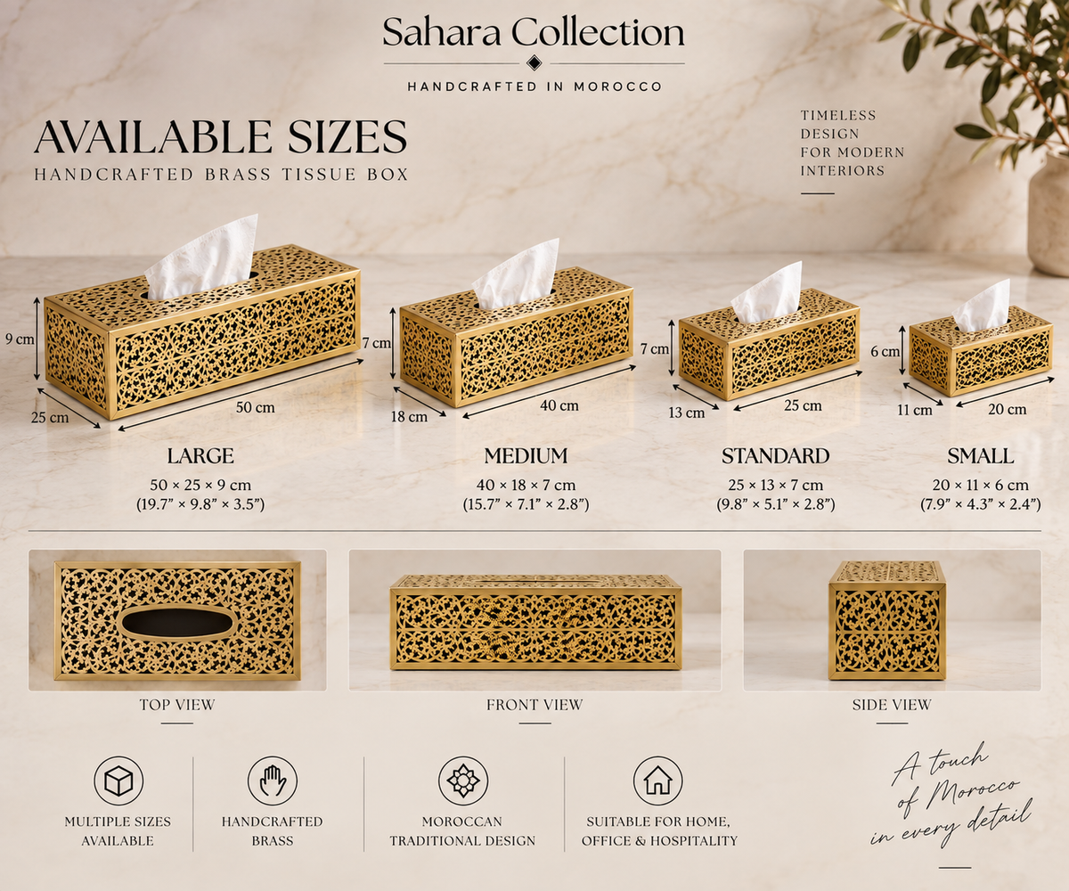 Available sizes for handcrafted Moroccan brass tissue box