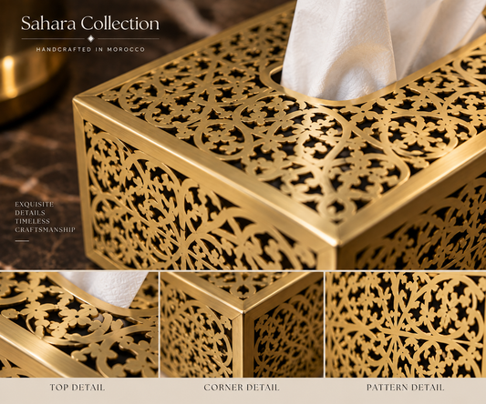 Close-up details of handcrafted Moroccan pierced brass tissue box