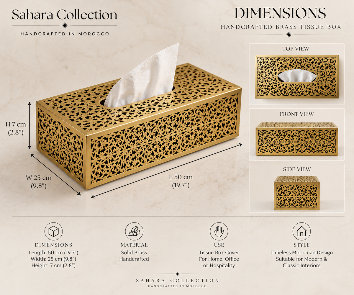Dimensions guide for handcrafted Moroccan brass tissue box