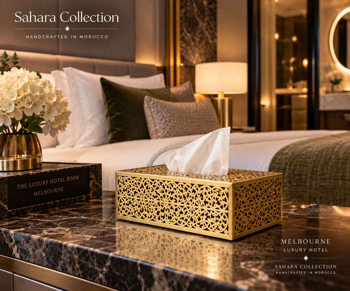 Handcrafted Moroccan brass tissue box in a Melbourne luxury hotel