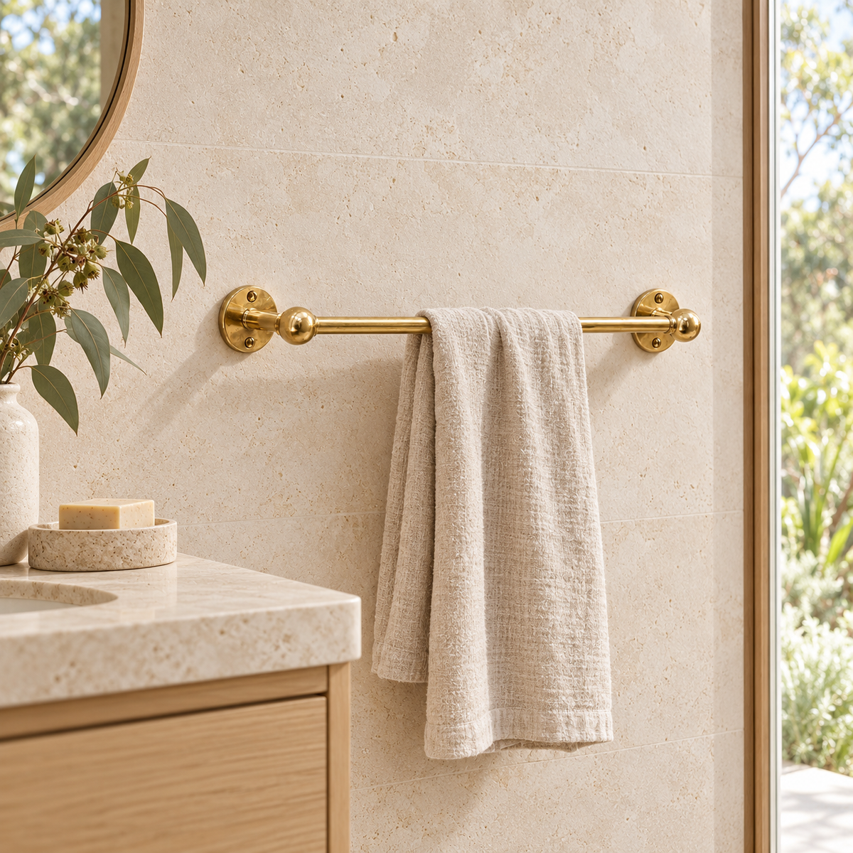 Unlacquered brass towel bar in a contemporary Australian home bathroom