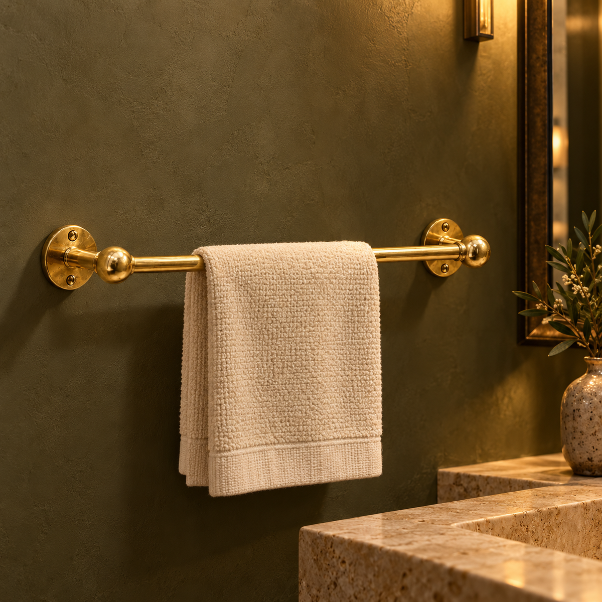 Unlacquered brass towel bar in an upscale Australian restaurant washroom