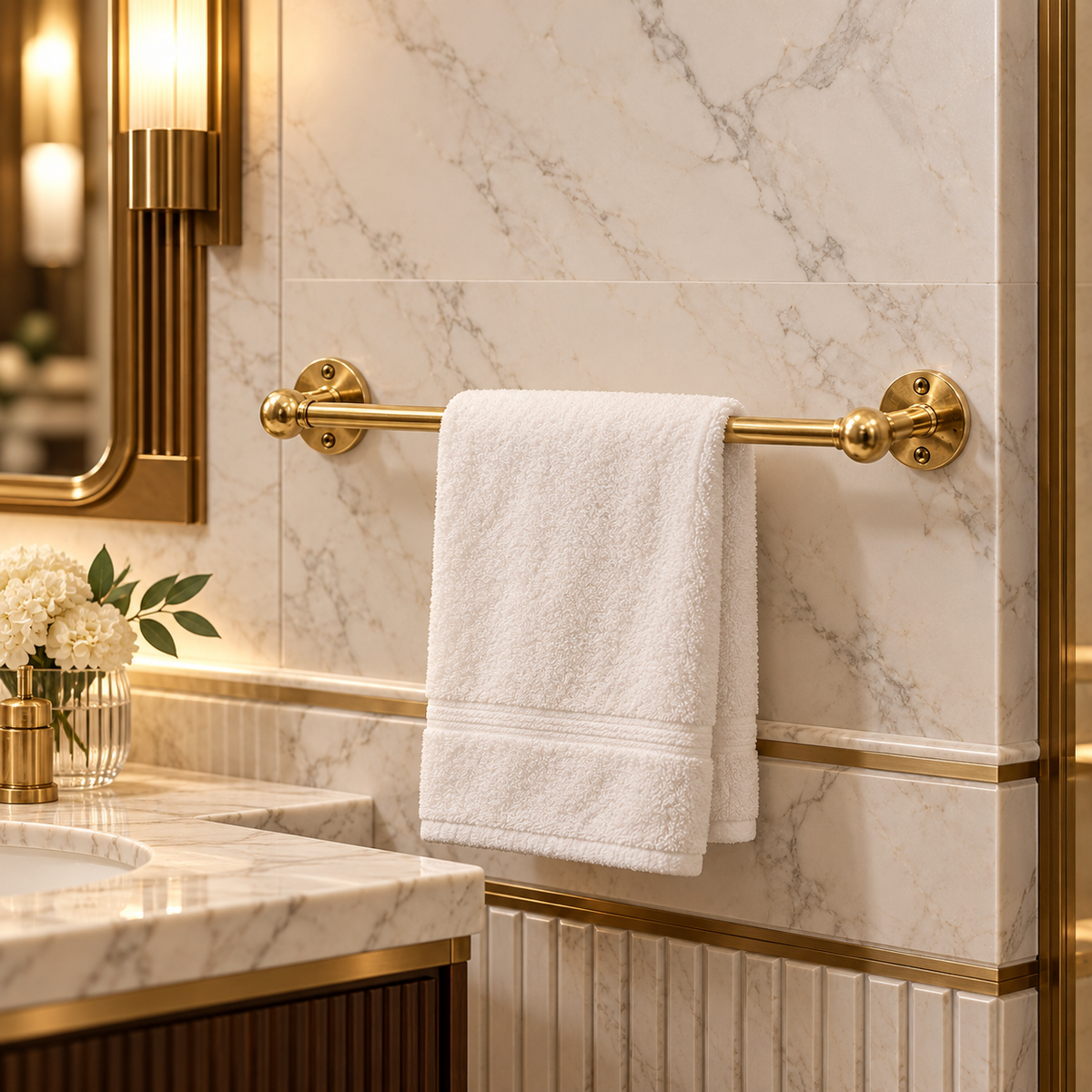 Unlacquered brass towel bar in a luxury Melbourne hotel bathroom