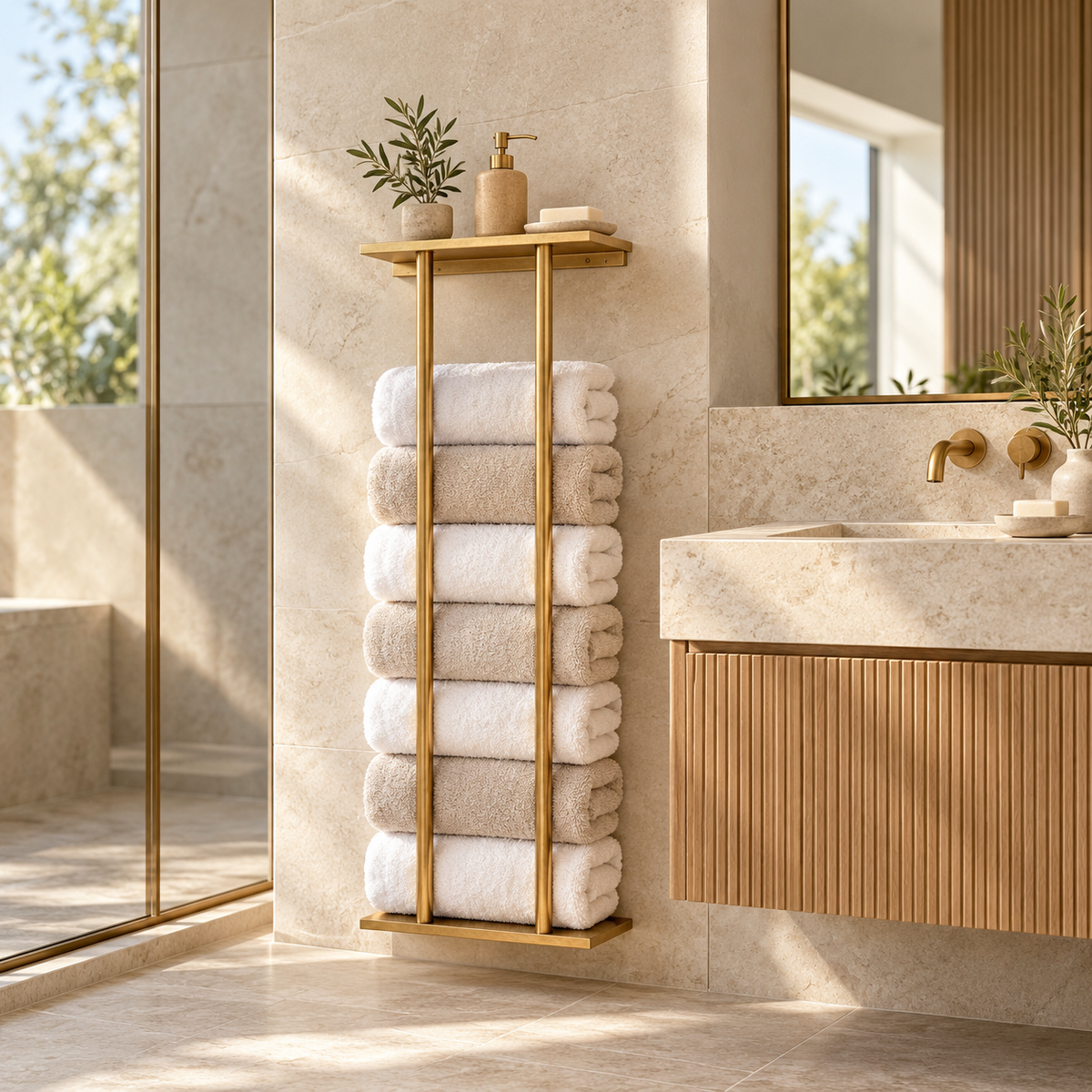 Unlacquered brass vertical towel holder in a luxury Australian bathroom