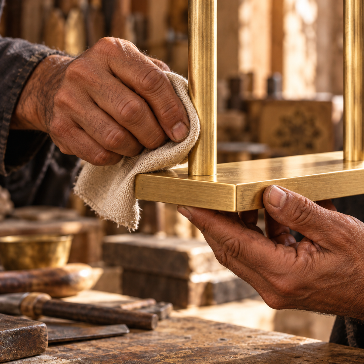 Moroccan artisan hand-finishing the unlacquered brass towel holder