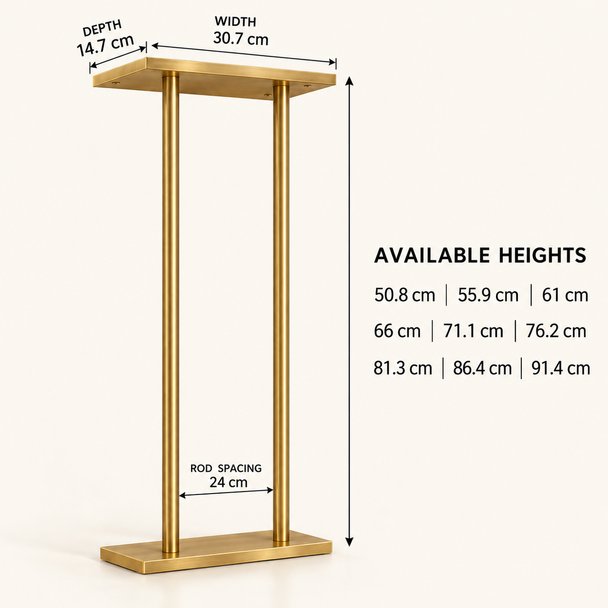 Dimensions and available heights for the brass vertical towel holder in centimetres