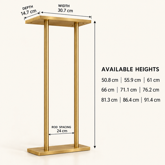 Dimensions and available heights for the brass vertical towel holder in centimetres