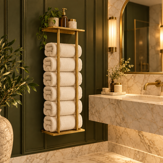 Brass vertical towel holder in a luxury Melbourne hotel bathroom