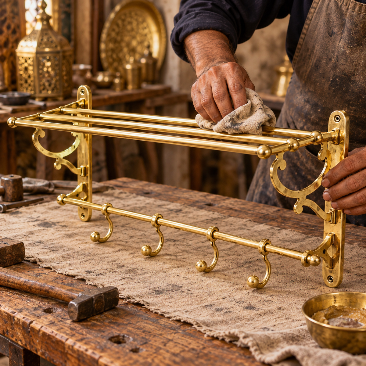 Moroccan artisan hand finishing a solid brass towel rack