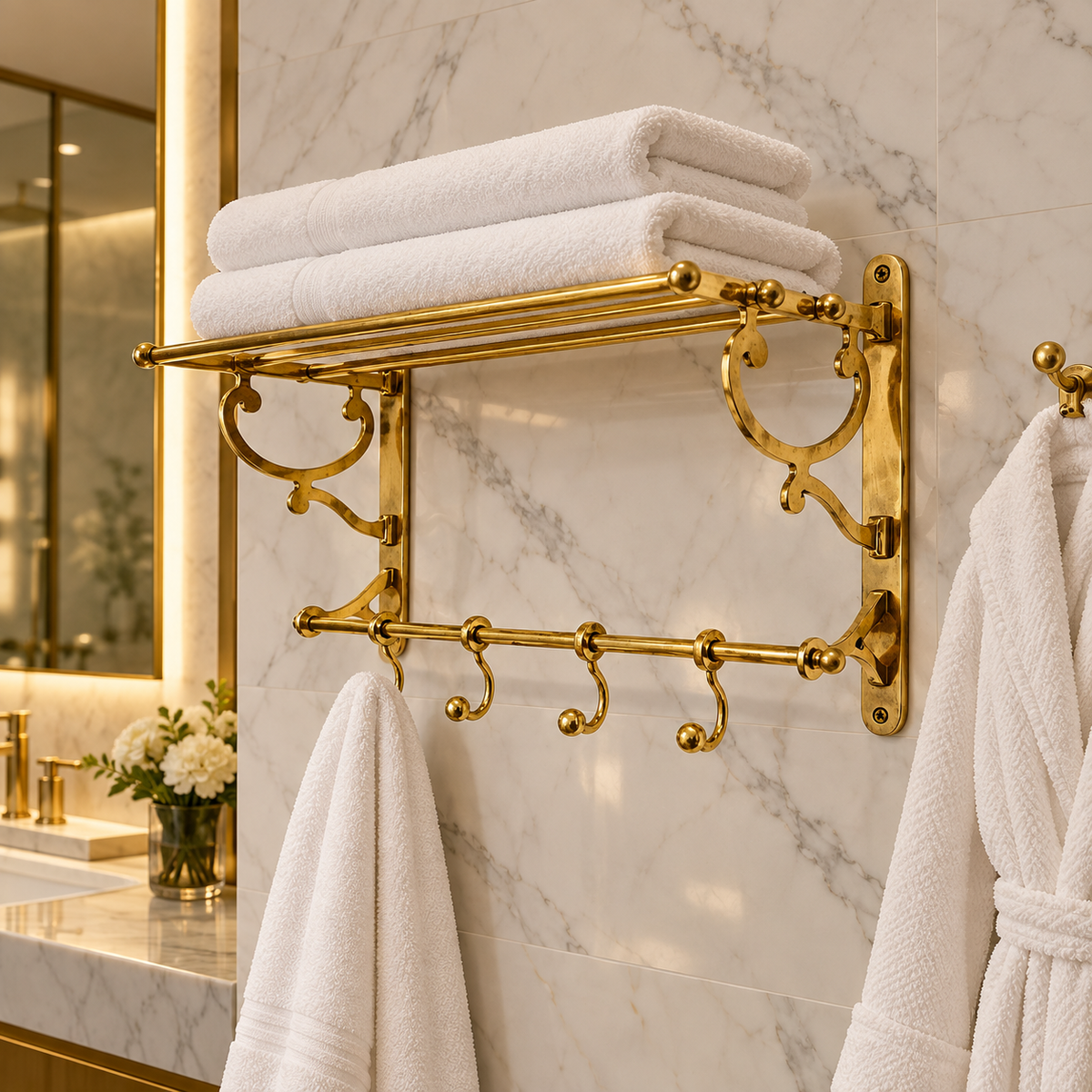 Handcrafted brass towel shelf in a Melbourne luxury hotel bathroom