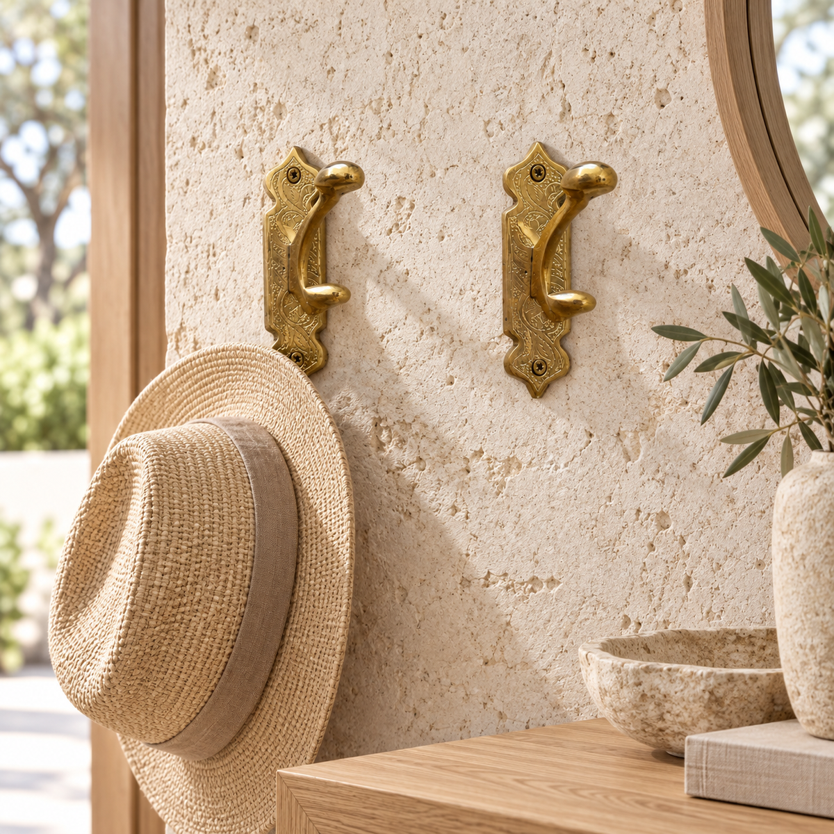 Pair of brass Moroccan wall hooks in an Australian entryway
