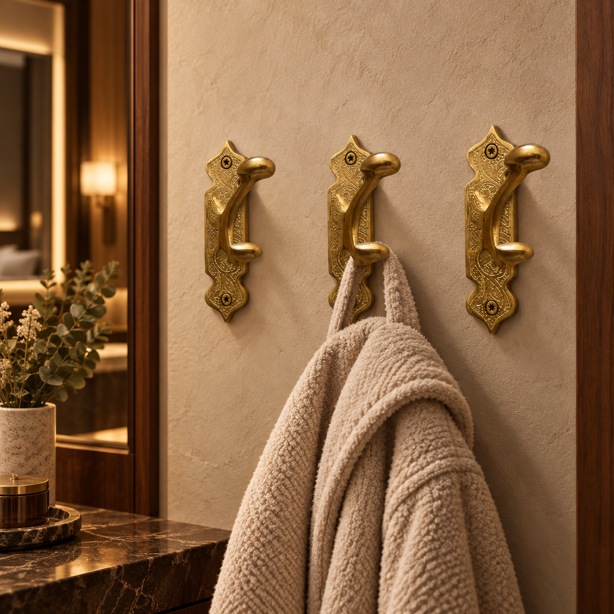 Brass Moroccan wall hooks in a luxury Melbourne hotel