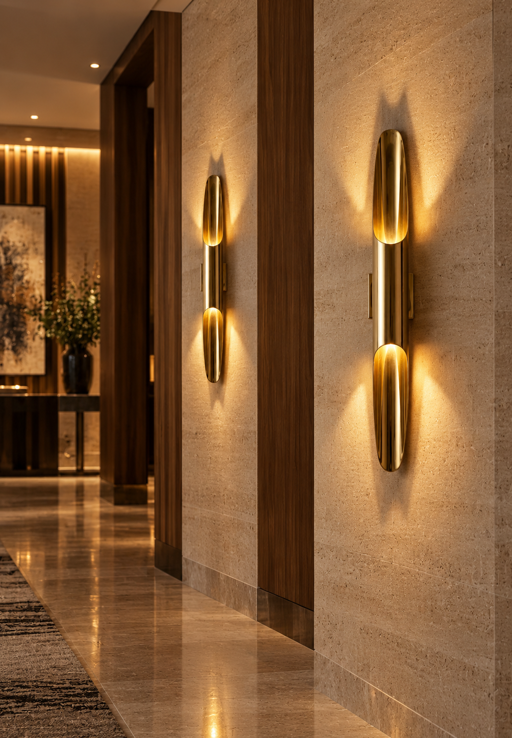 Sculptural brass wall sconce pair in a luxury Melbourne hotel corridor