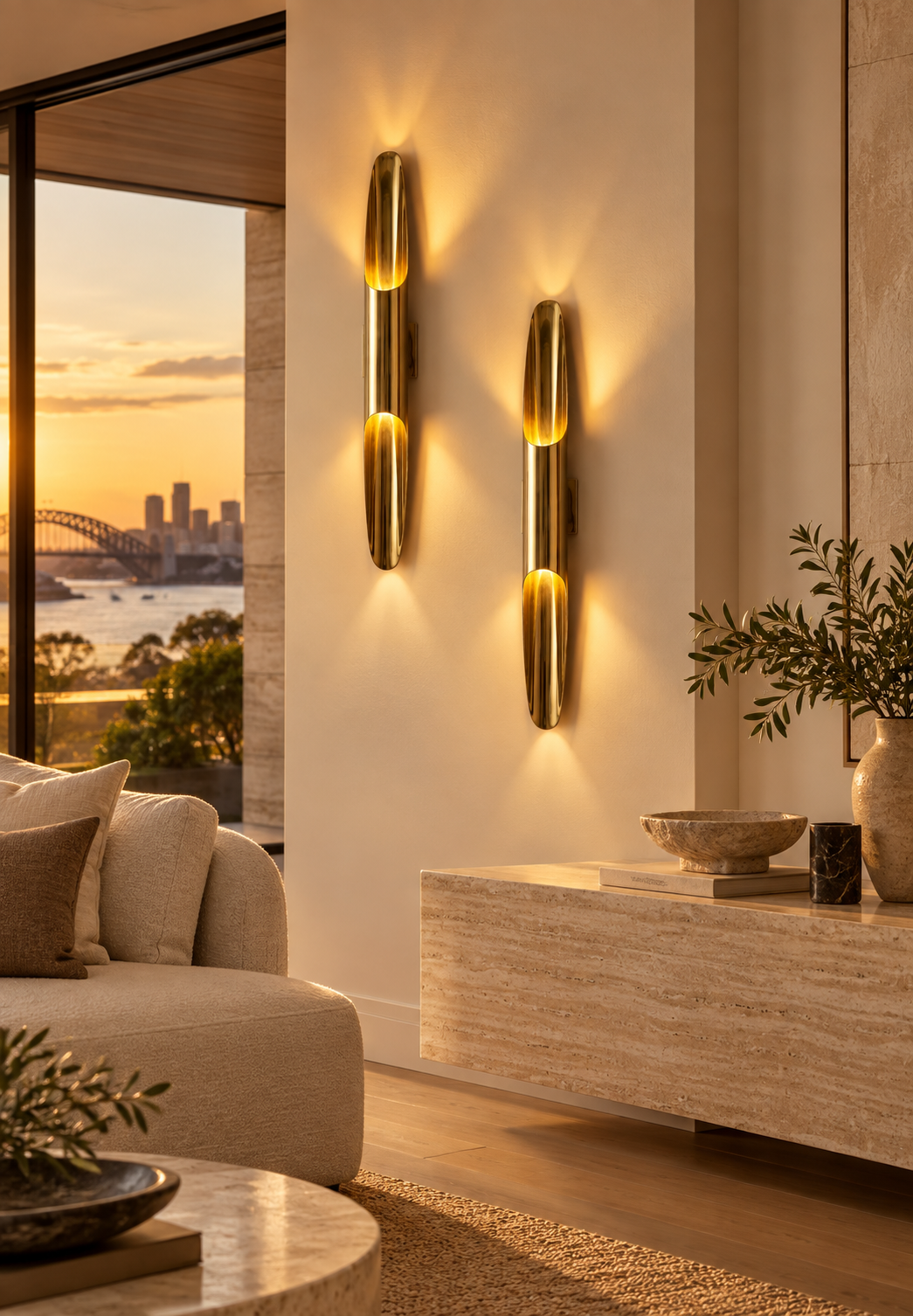 Sculptural brass wall sconce pair in a modern Sydney home