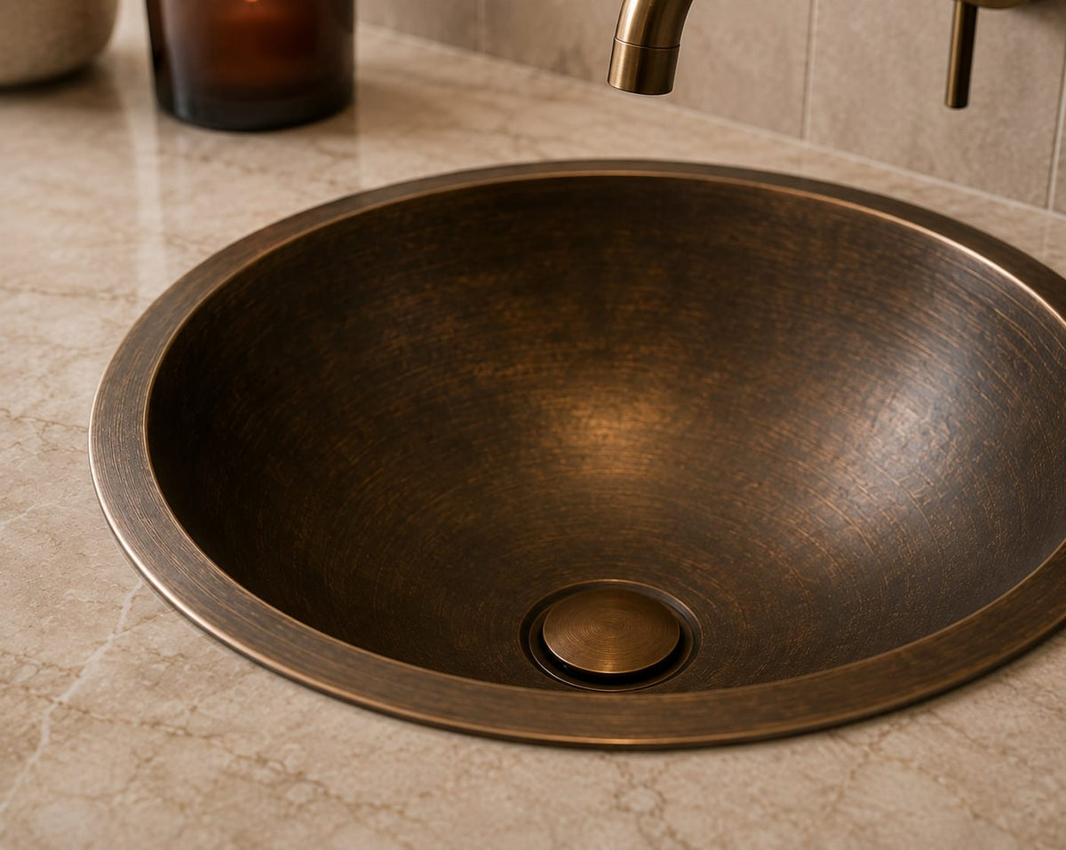 40cm solid bronze undermount basin installed in a luxury bathroom – Sahara Collection Australia