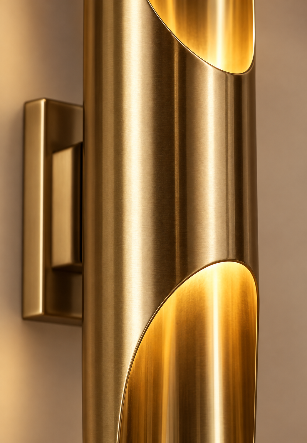 Close-up of the brushed brass wall sconce finish and curved light opening
