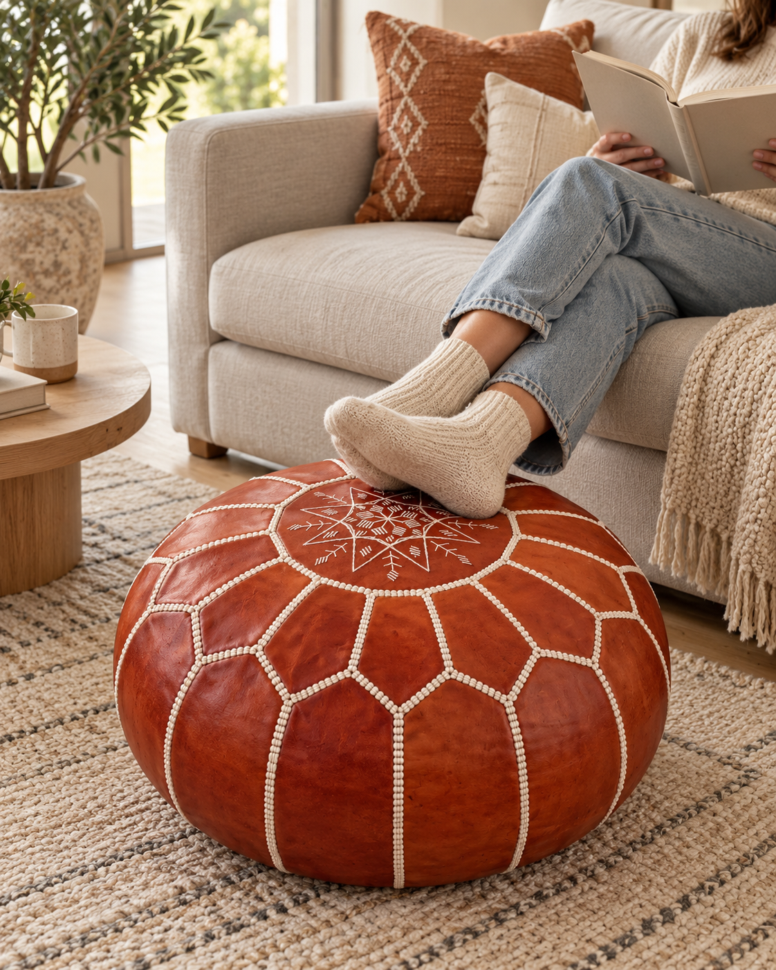 Person relaxing on a sofa with feet resting on a cognac Moroccan leather pouf
