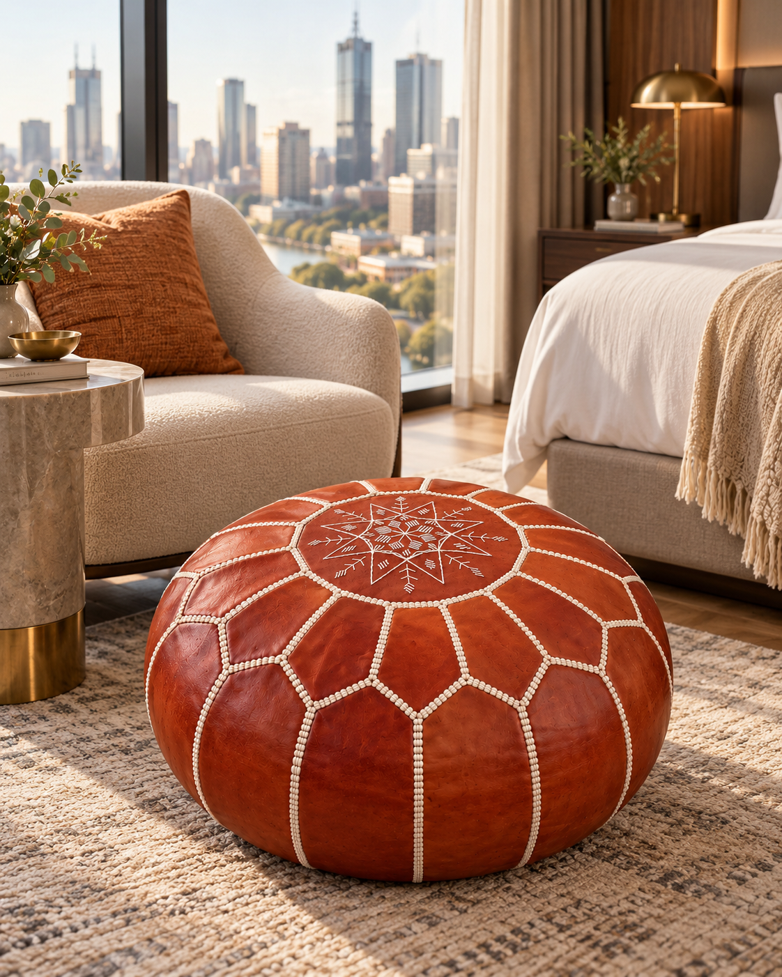 Cognac Moroccan leather pouf styled in a luxury Melbourne hotel suite