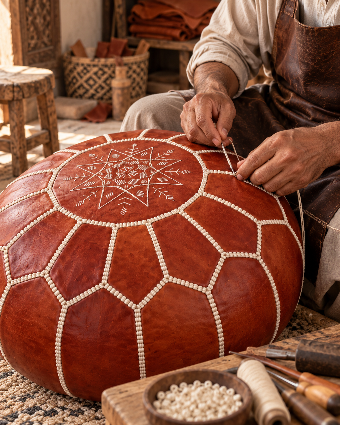Moroccan artisan hand stitching a cognac leather pouf in Marrakech