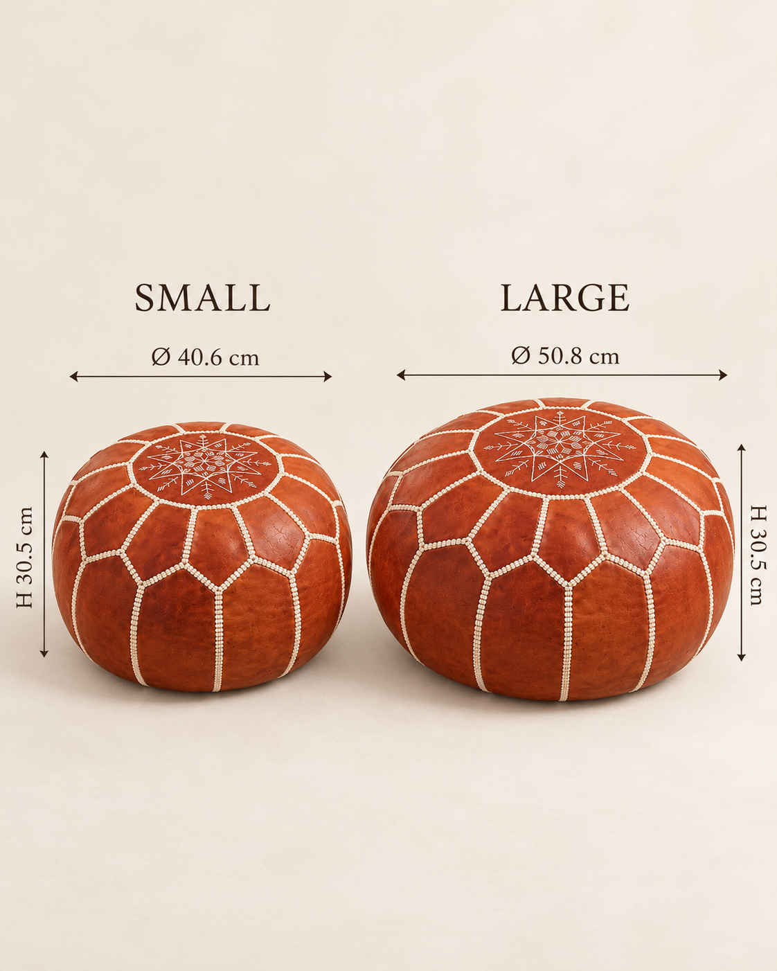 Cognac Moroccan leather pouf size guide in centimetres for small and large sizes