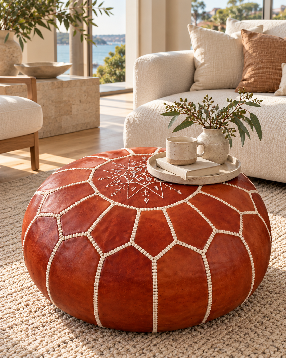 Cognac Moroccan leather pouf used as a low table in a luxury Sydney home