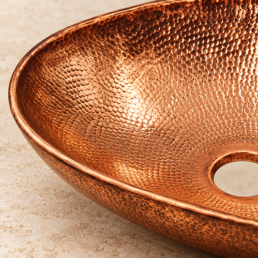 Close-up of the rolled rim and hand-hammered copper texture