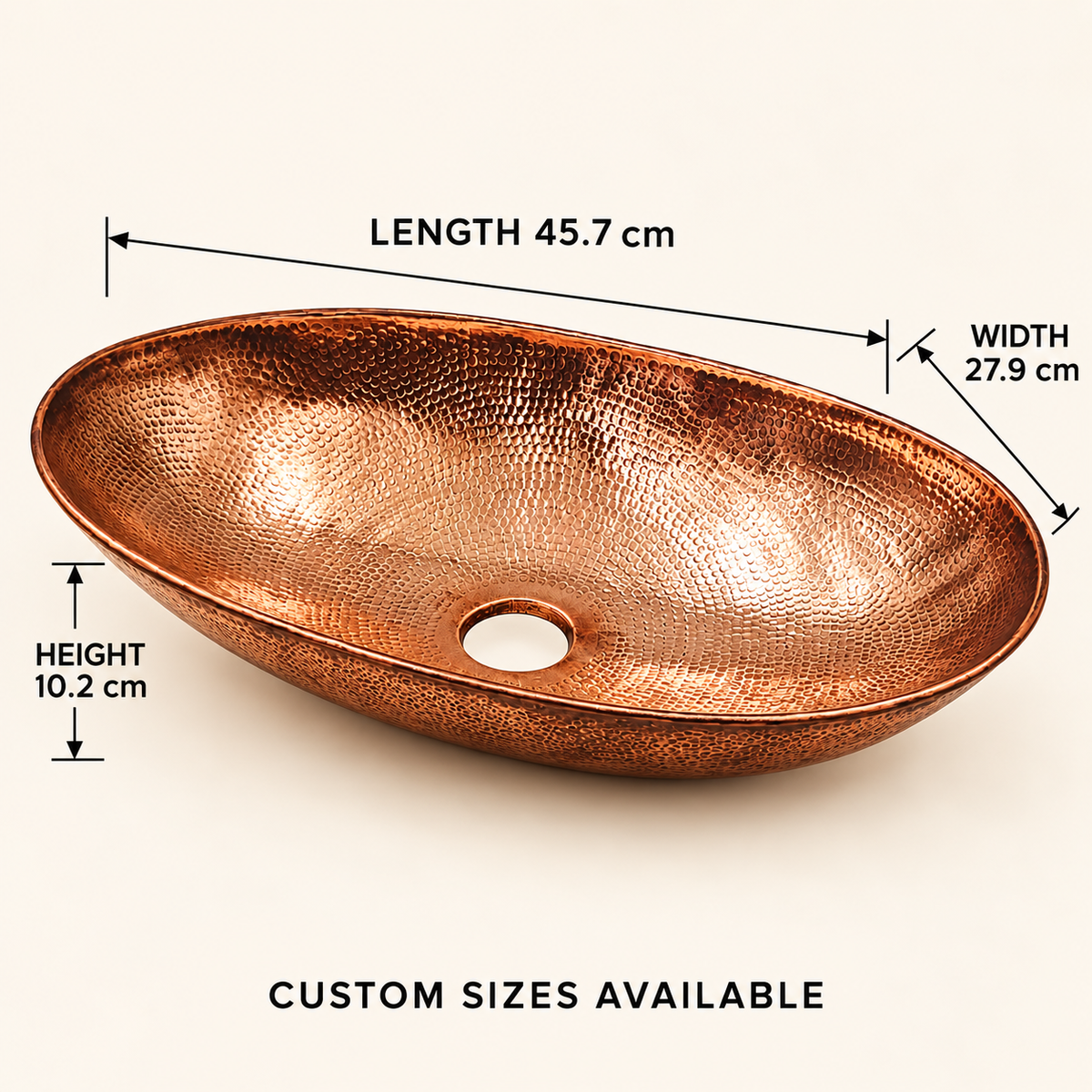 Dimensions of the oval hammered copper vessel sink in centimetres