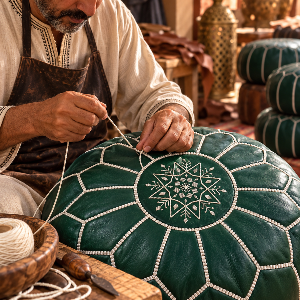 Moroccan artisan hand stitching an emerald green leather pouf in Marrakech