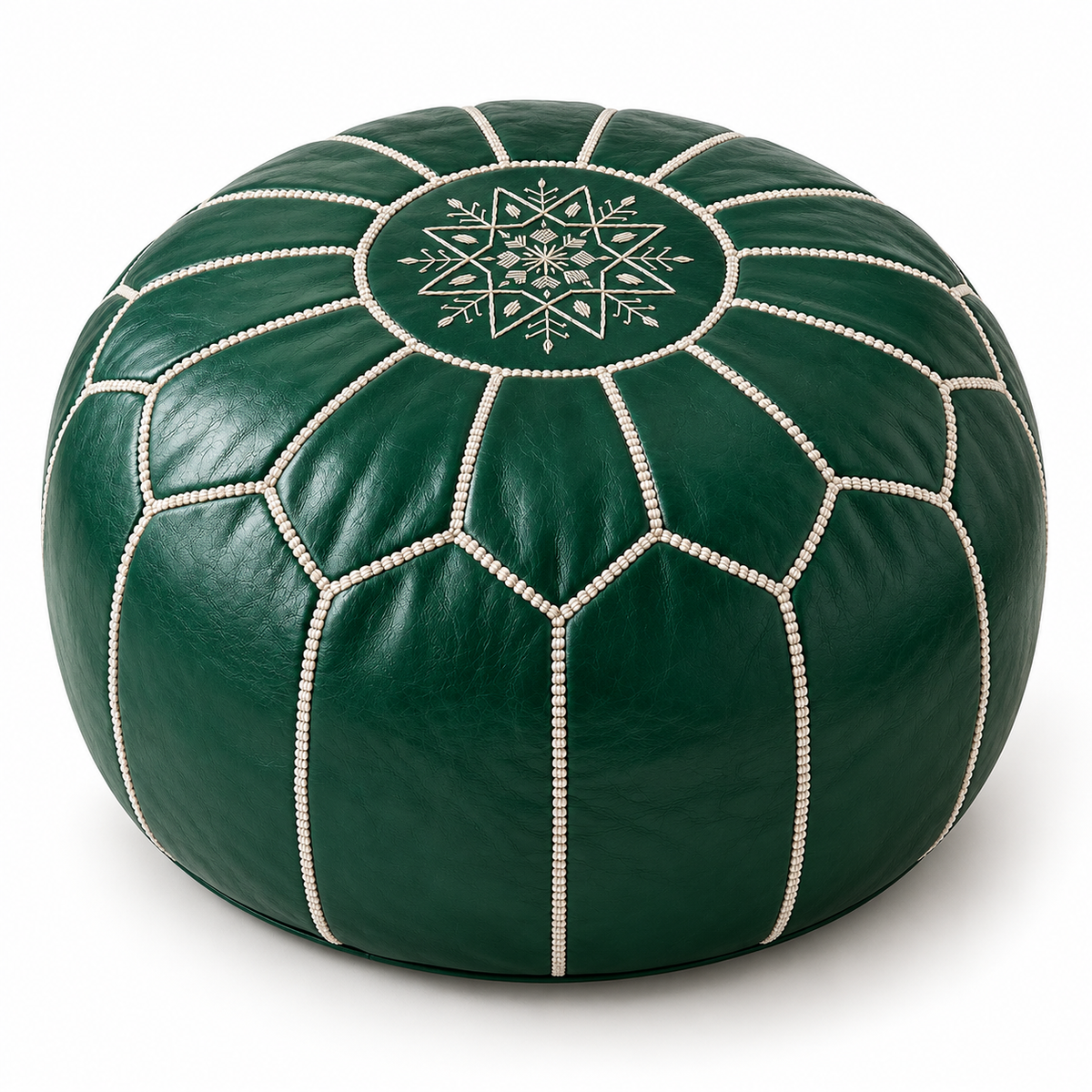 Handcrafted emerald green Moroccan leather pouf with ivory stitching