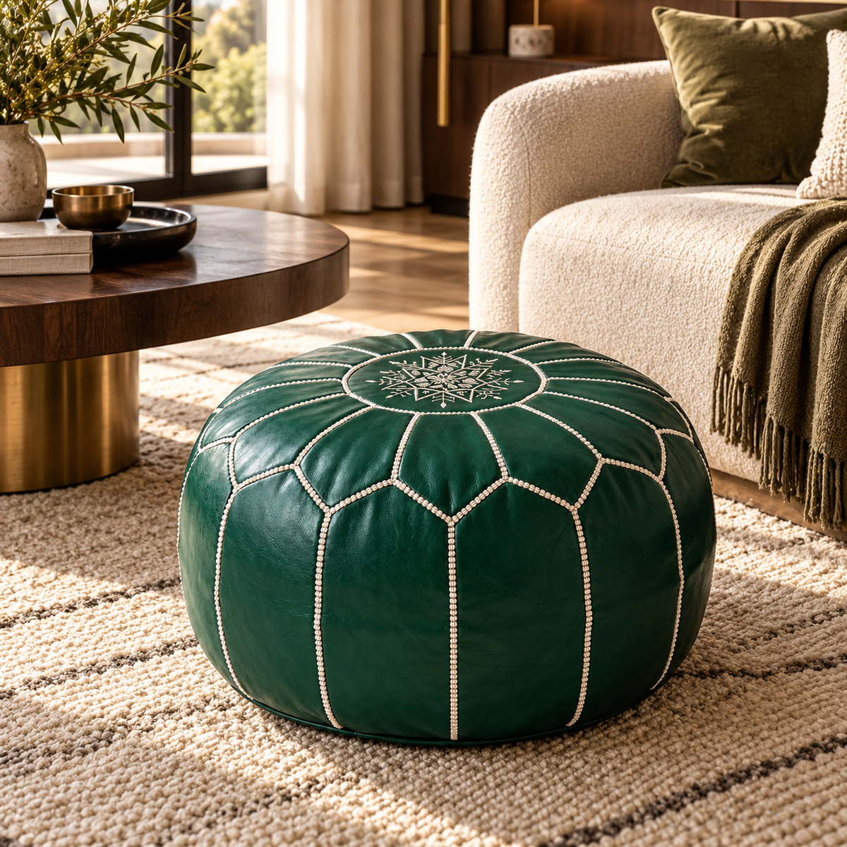 Emerald green Moroccan leather pouf styled in a luxury Melbourne hotel suite