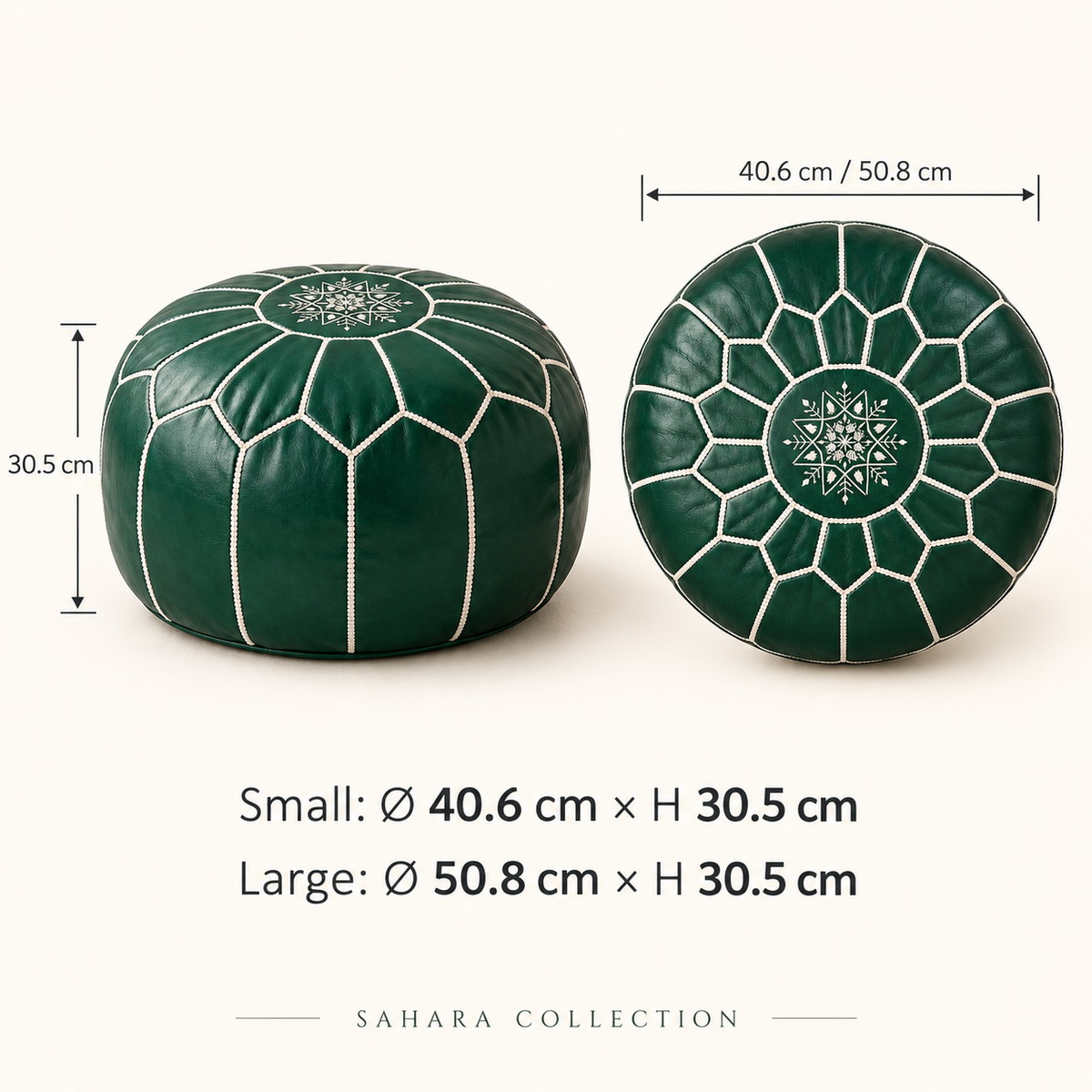 Emerald green Moroccan leather pouf size guide in centimetres