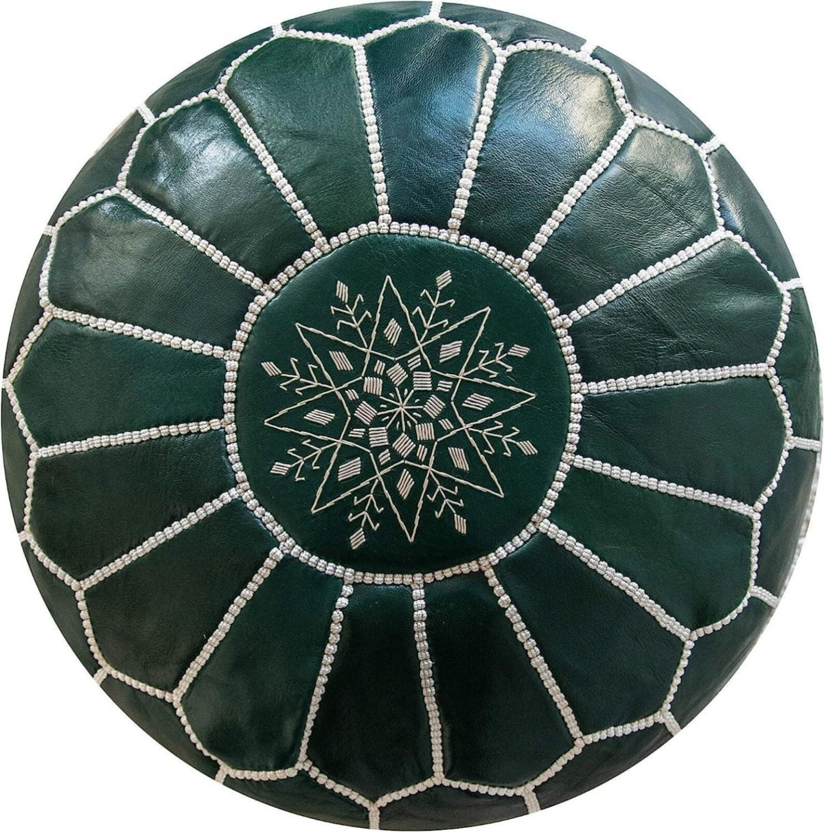 Top view of an emerald green Moroccan leather pouf on a white background