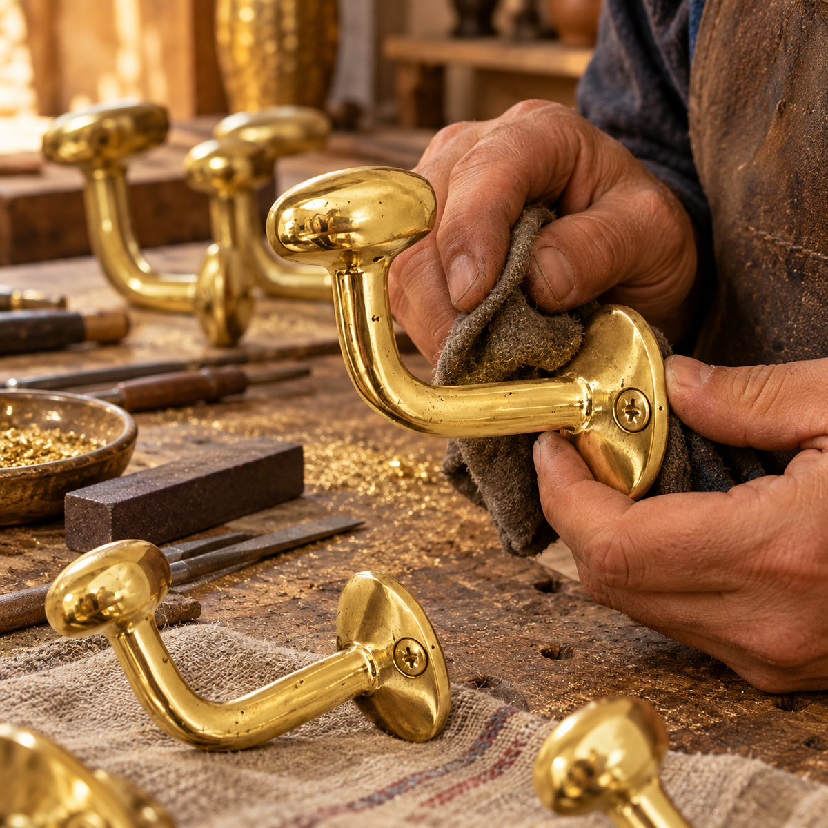 Moroccan artisan hand-polishing solid brass wall hooks