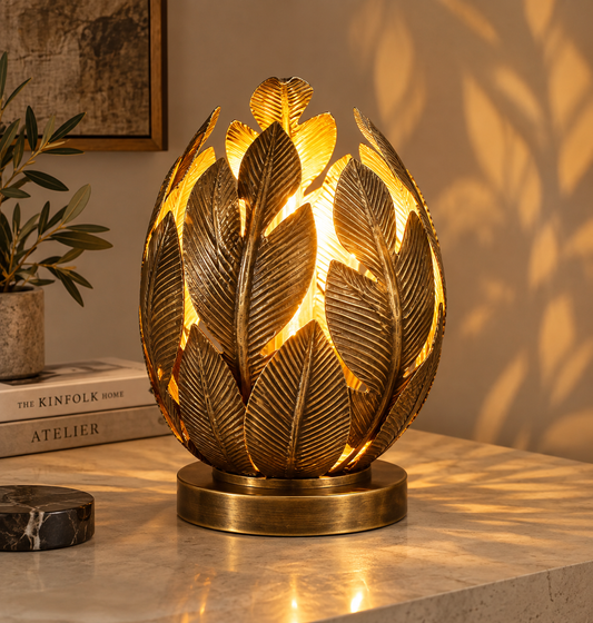 Moroccan lotus brass table lamp styled in an Australian home