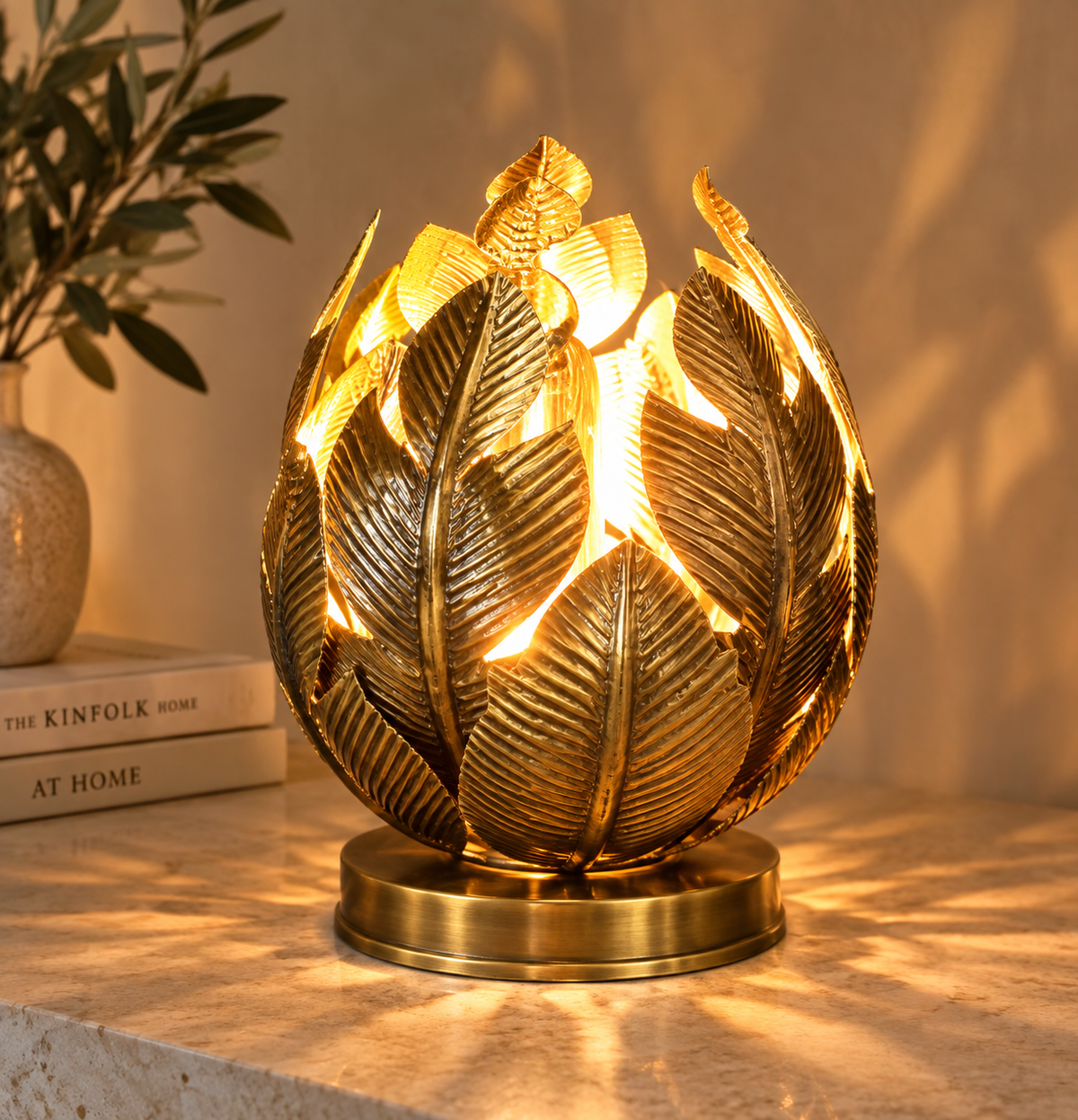 Handcrafted Moroccan lotus brass table lamp lifestyle image