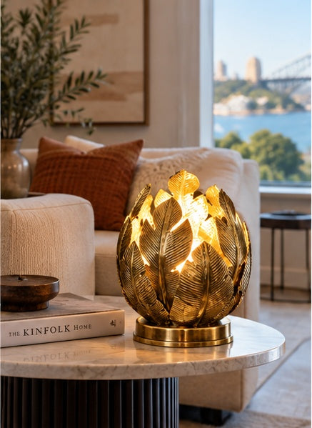 Moroccan lotus leaf brass lamp in Australian home